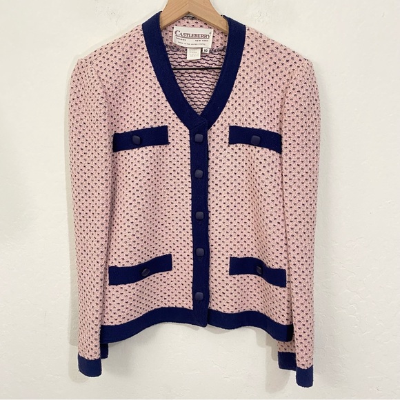 Castleberry Women’s 10 Vintage Pink Navy Button up V Neck Blazer Jacket - Picture 2 of 8